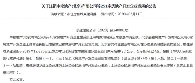 北京市住建委发布公告注销中粮地产(北京)有限公司等251家房地产开发企业资质