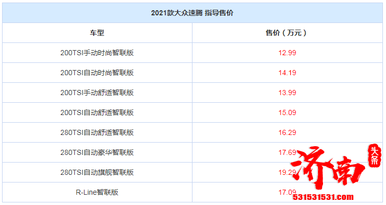 2021款大众速腾正式上市 共推8款配置车型 售价12.99万起