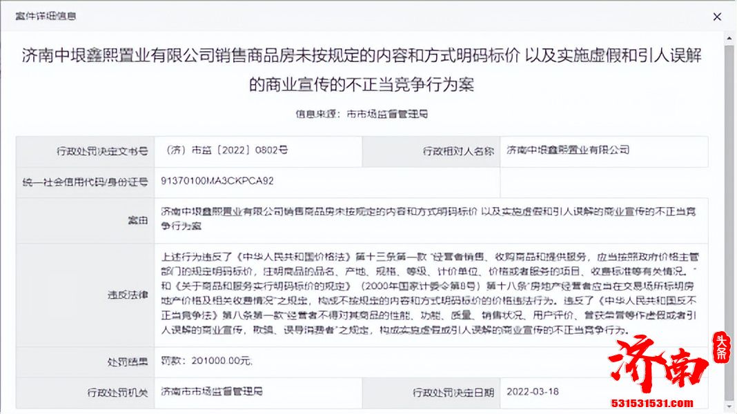 济南中垠鑫熙置业因发布虚假商业营销信息等行为被罚20余万元