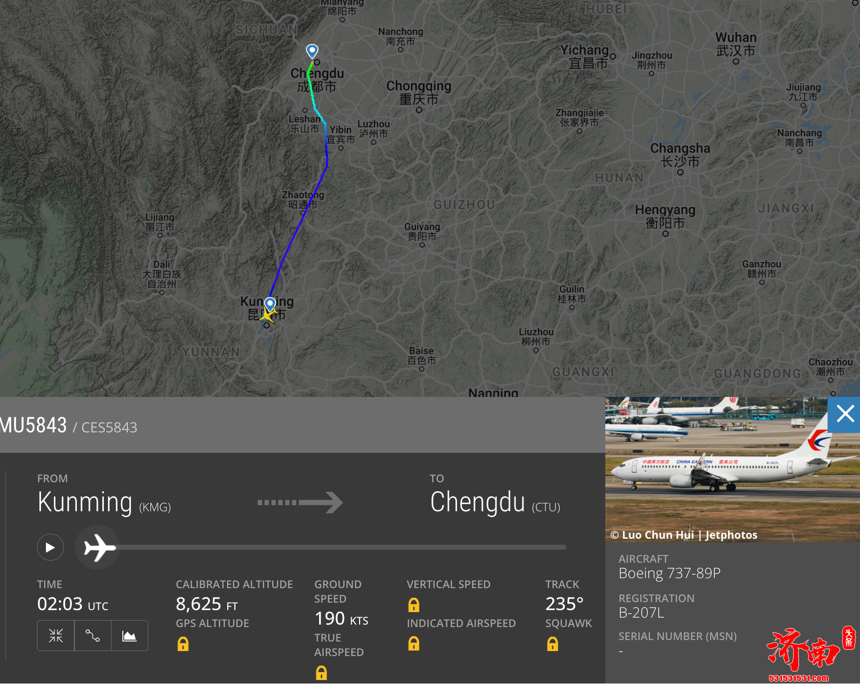 东航波音737-800客机（B-207L）执飞MU5843航班