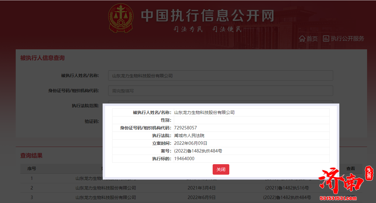 山东龙力生物科技股份有限公司被执行标的1946万余元
