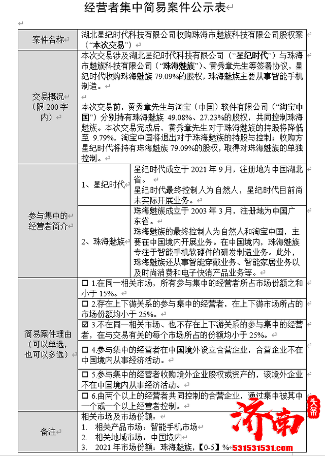 星纪时代收购魅族科技股权案案件公示,星纪时代拟收购珠海魅族 79.09% 的股权