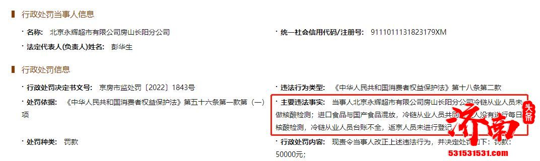 北京永辉超市因冷链人员未做核酸被罚5万