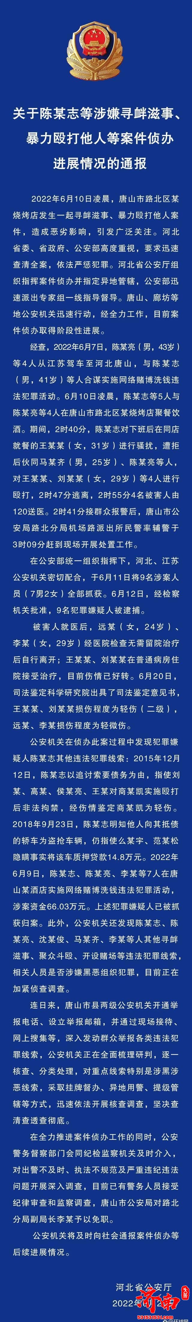 关于唐山烧烤店暴力打人事件侦办进展情况的通报 受害女孩2人轻伤二级2人微轻伤